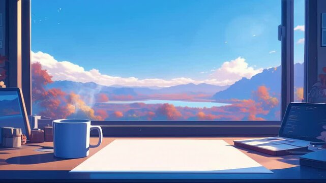 A book and coffee mug on the table in front of an open window overlooking, an autumn scene outside the windows, anime or cartoon illustration seamless looping animation background 