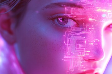 Close-up of a woman's eye overlaid with a futuristic circuit board design, glowing pink.