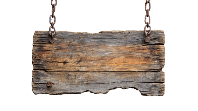 Weathered wooden sign hanging on a chain, cut out. Isolated on a transparent background.