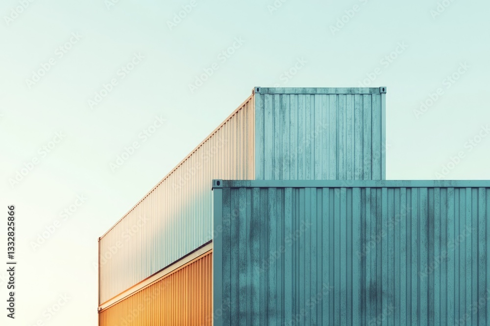 Aufkleber Stack of shipping containers against a clear sky, showcasing industrial architecture and logistics.