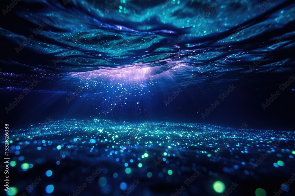 Poster Underwater bioluminescence: a mesmerizing display of glowing organisms creating a starry ocean floor.