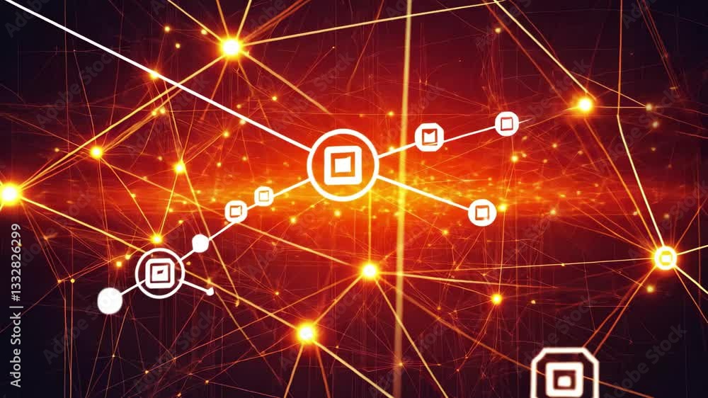 Leinwandbilder network of connections illuminated by light spots and icons representing digital interaction and com