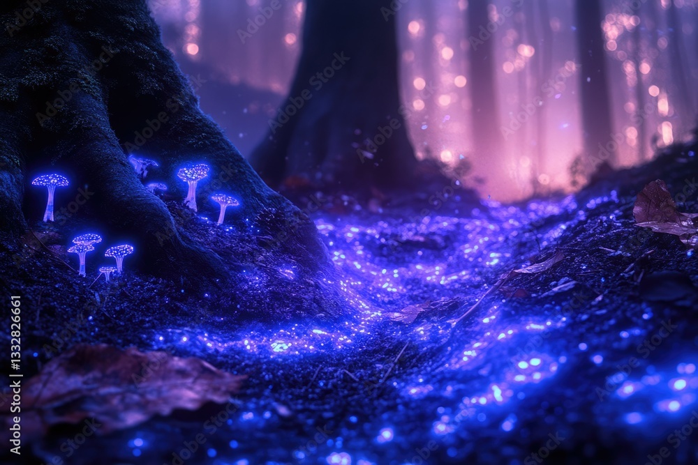 Poster enchanted forest floor glowing with bioluminescent mushrooms under mystical trees.