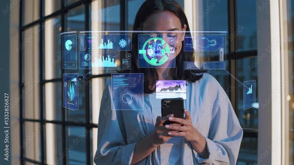 Poster future technology interaction. professional explores digital interface with smartphone. static close