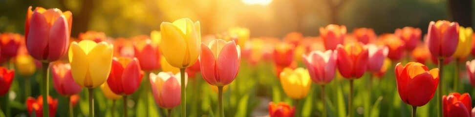 Golden sunlight bathes blooming tulips, idyllic spring easter scene, flowers, image, pastel