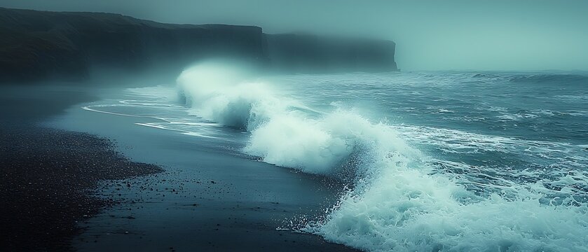 Dramatic ocean wave crashing on dark sandy beach beneath misty cliffs, creating a scenic coastal vista. - Powered by Adobe