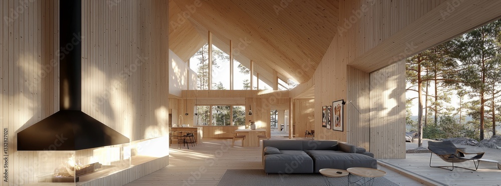 Poster a newly designed scandinavian loft apartment with modern features, presented in a 3d rendering
