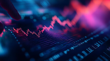 Fototapeta premium Abstract creative financial graph with finger clicks on a digital tablet on background, forex and investment concept. Multiexposure