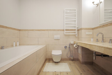 Toilet bowl and bathtub in the bathroom interior