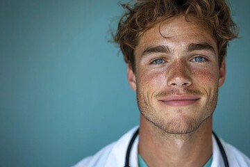 Fototapeta premium A confident young medical doctor is the subject of a portrait with a blue background
