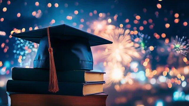A graduation cap sits atop a stack of books while colorful fireworks light up the background during a night celebration