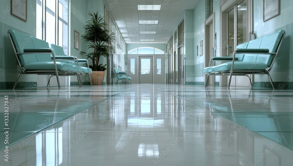 Poster the hospital features a long, bright corridor complete with rooms and seating, created using 3d rend