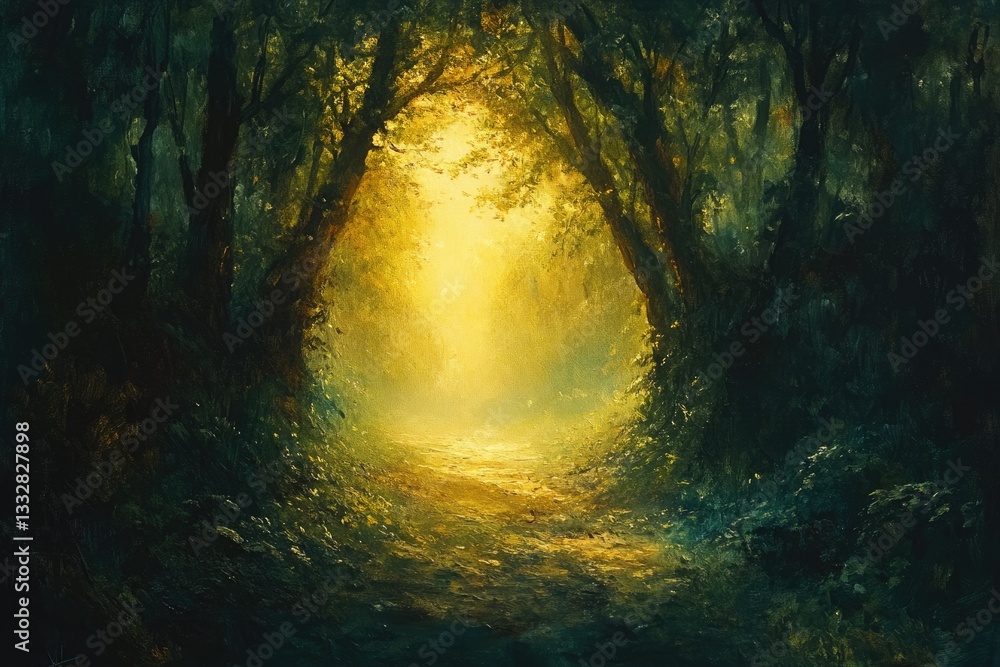Poster A sunlit path through a mystical forest, trees creating a golden archway.