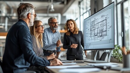 Fototapeta premium Team Discusses Architectural Plans in Office
