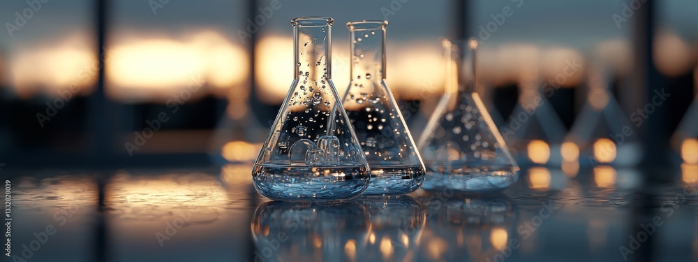 Poster in a science laboratory, a beaker and flask are displayed on a blue background with a chemical struc