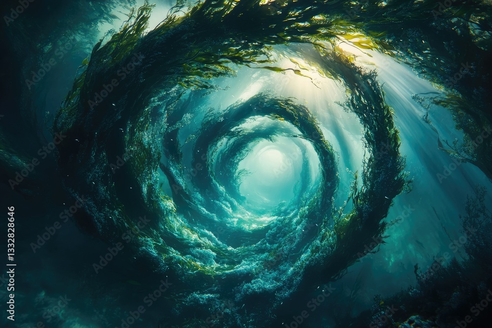 Poster A mesmerizing underwater swirl of kelp forest, sunlight filtering through, creating a magical scene.
