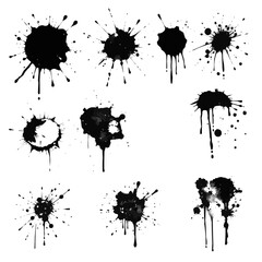 Black Ink Splatter Collection on Transparent Background - Vector Grunge Paint Elements for Graphic Design with Realistic Dripping Effect