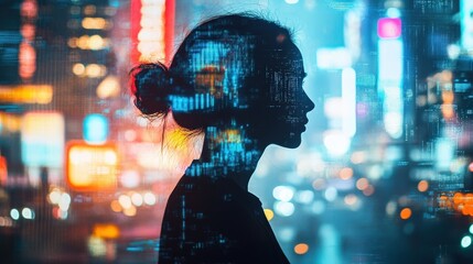 Urban digital reflection cityscape night silhouette portrait neon environment artistic viewpoint modern concept