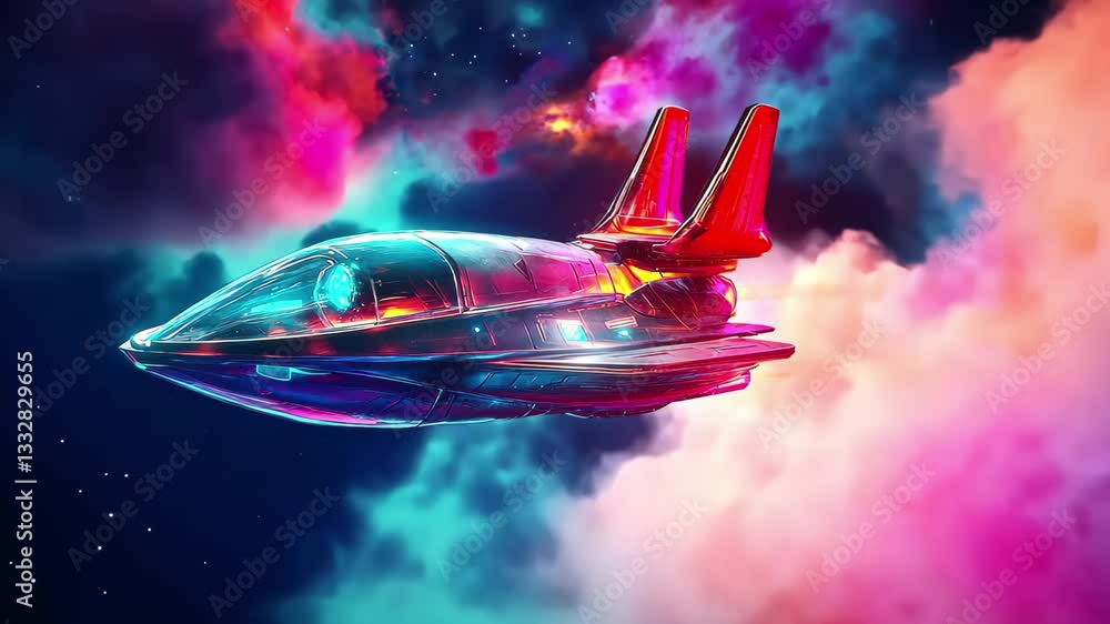 Poster futuristic spaceship soars through vibrant cosmic space filled with colorful clouds and stars, vr 36