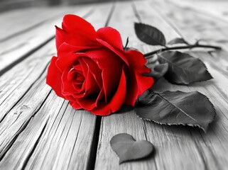  A red rose with heart-shaped leaves on an old wooden table, black and white photography