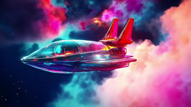 Futuristic spaceship soars through vibrant cosmic space filled with colorful clouds and stars, vr 360 futuristic spaceship flying in space with Mily Way ready for use in virtual reality