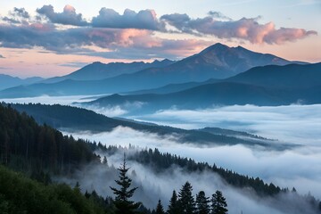 Obraz premium Fog rolling over a mountain range at dawn.