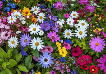 Fototapeta premium Vibrant Garden Display Featuring Colorful Blossoms in Various Shades, Including White, Pink, Purple, Yellow, and Blue Petals with Lush Green Foliage