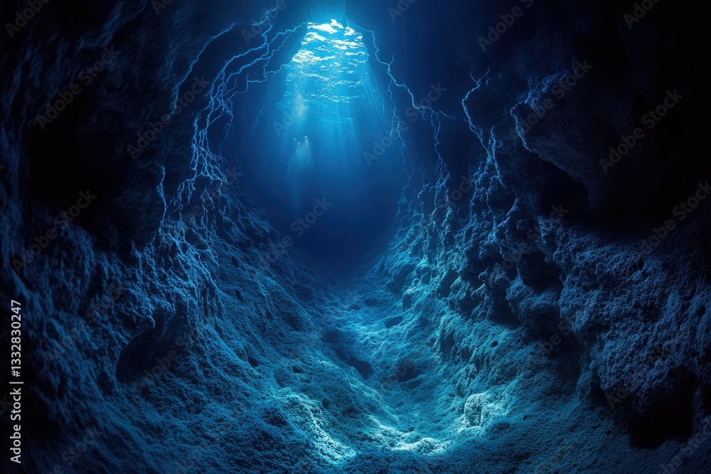 Poster sunbeams illuminate a mysterious underwater cave, revealing textured rock formations and a sense of 