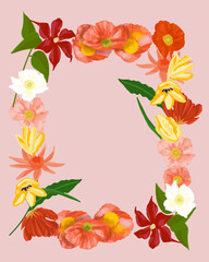 cadre fleur rouge jaune rose blanche feuille vert donf rose printemps  