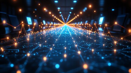 Obraz premium A high-tech meeting room with glowing presentation slides and connected devices.