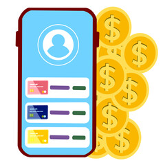 pay with mobile phone, banking online payments icon concept. Pay button on smartphone transaction with credit card. mobile with financial bills receipt Credit or Debit card with banknotes.