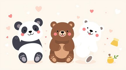 Fototapeta premium Three adorable cartoon bears a panda a brown bear and a polar bear sit together playfully with hearts around them in a colorful setting