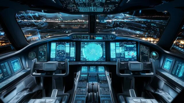 A high tech aircraft cockpit equipped with advanced navigation systems, illuminated screens, and a nighttime city landscape outside