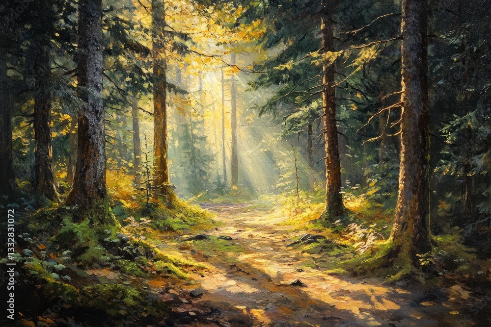 Poster sunbeams illuminate a forest path, creating a magical, serene atmosphere.
