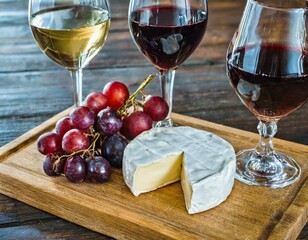 Red and White Wine Glasses with Brie Cheese on Wooden Board
