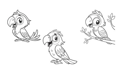Bundle Cute Cartoon Parrot Coloring Page for Kids Simple Black and White Outline Illustration.