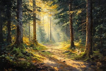 Obraz premium Sunbeams illuminate a forest path, creating a magical, serene atmosphere.