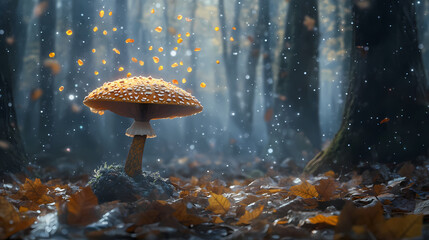 Magical mushroom emitting spores against a mystical forest backdrop with fallen leaves. Mystic Spores. Illustration