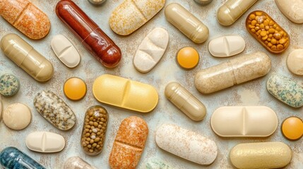 Close-up view of various tablets and capsules