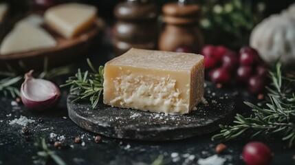 A close-up of a cheese wedge, surrounded by culinary ingredients