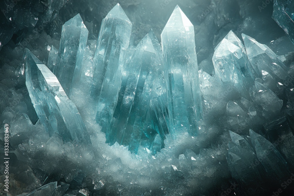 Poster a mesmerizing cluster of teal quartz crystals, brilliantly illuminated within a dark cavern.