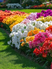 Vibrant Garden Landscape with Colorful Flower Beds in Full Bloom Capturing Spring's Beauty and Diversity in a Serene Outdoor Setting