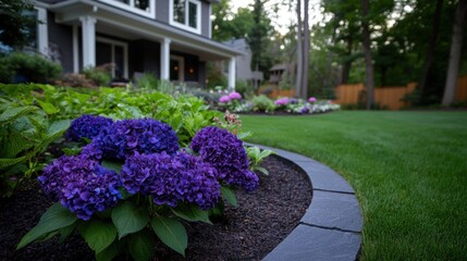 Lush purple hydrangeas in a meticulously landscaped front yard with a modern house in the background