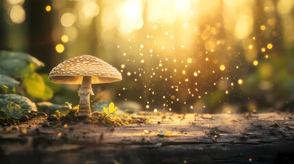 Single mushroom with spores dispersing on rustic wooden surface in sunlit setting. Mystic Spores. Illustration