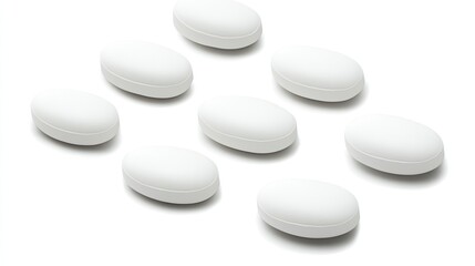 Collection of white oval pills on white background, shown from different angles