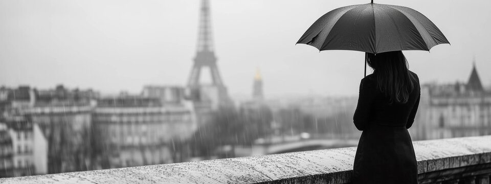 A young woman with an umbrella stands in the rain, gazing at a blurred Paris landscape on a gloomy day.