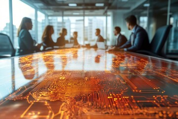 Blurred business meeting with a glowing circuit board table reflecting digital innovation and technological advancements.