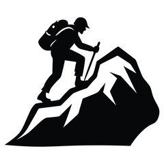 Man hiking mountain with stick silhouette, Black silhouette of a man climbing a mountain