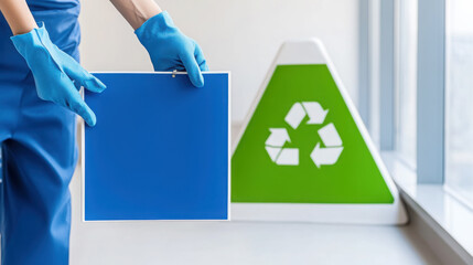 Professional cleaner promoting eco-friendly practices in workplace environment