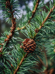 Close-up of Himalaya pine branch with cones